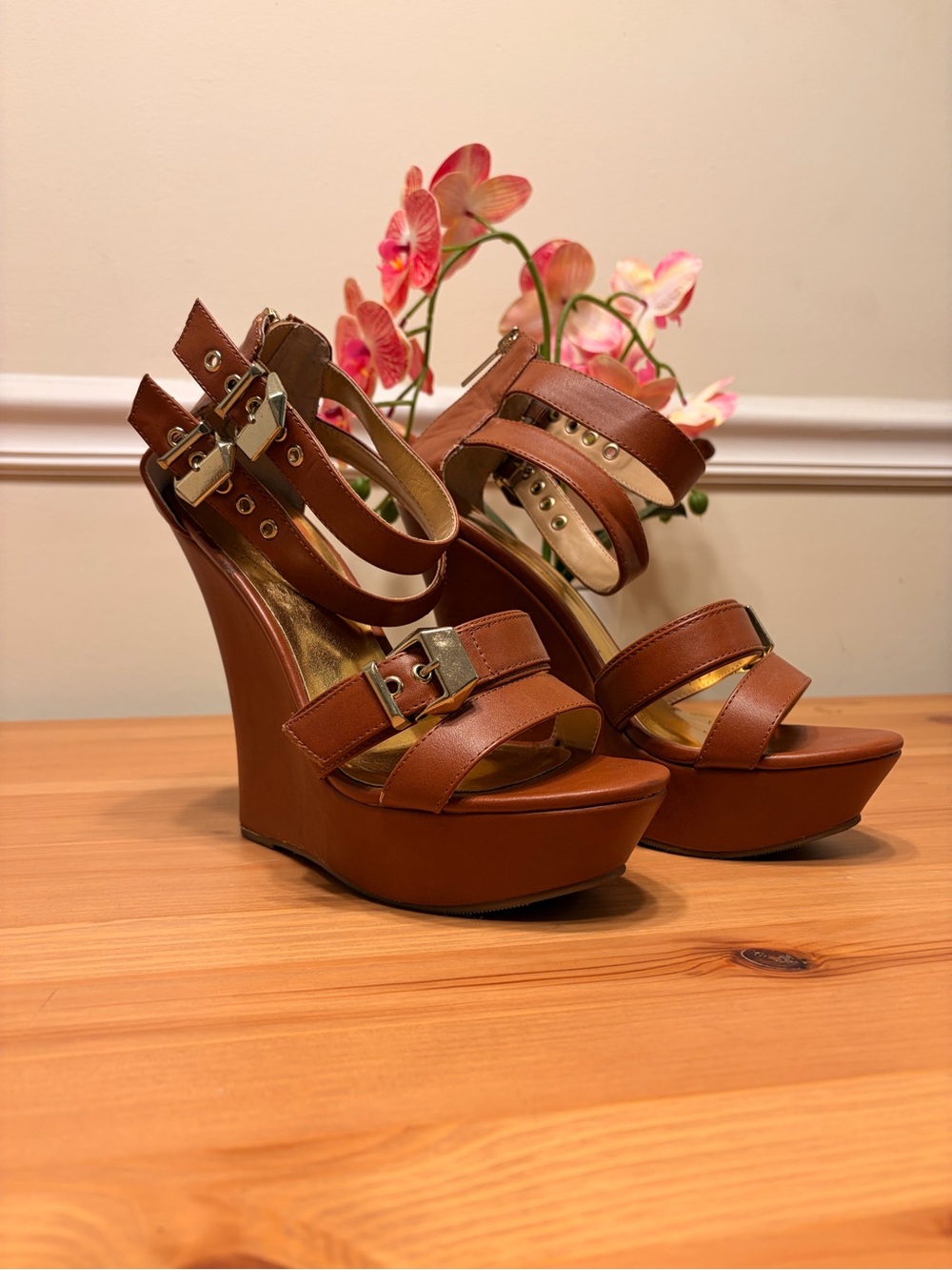 Thalia Sodi Elia Platform Wedge Sandals Cognac, 9.5